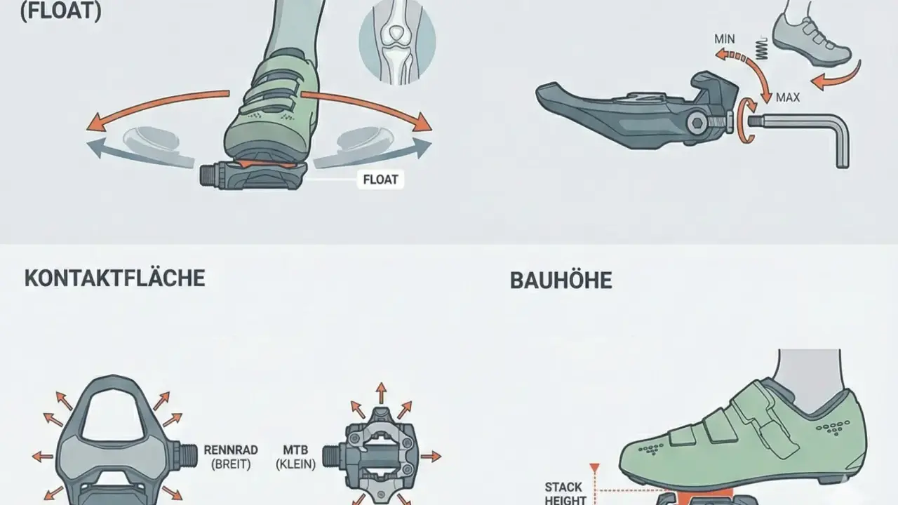 Illustrationen zeigen, wie man klickpedale einstellen kann: Bewegungsfreiheit (Float), Auslösehärte, Kontaktfläche und Bauhöhe.