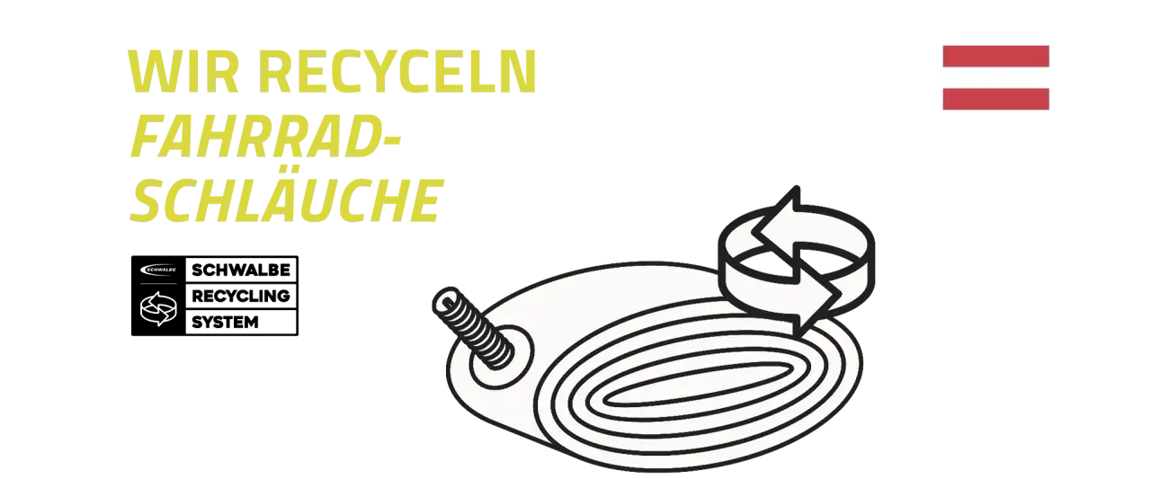 Wir recyceln Fahrradschläuche. Ein aufgerollter Schlauch mit Ventil und Recycling-Symbol.