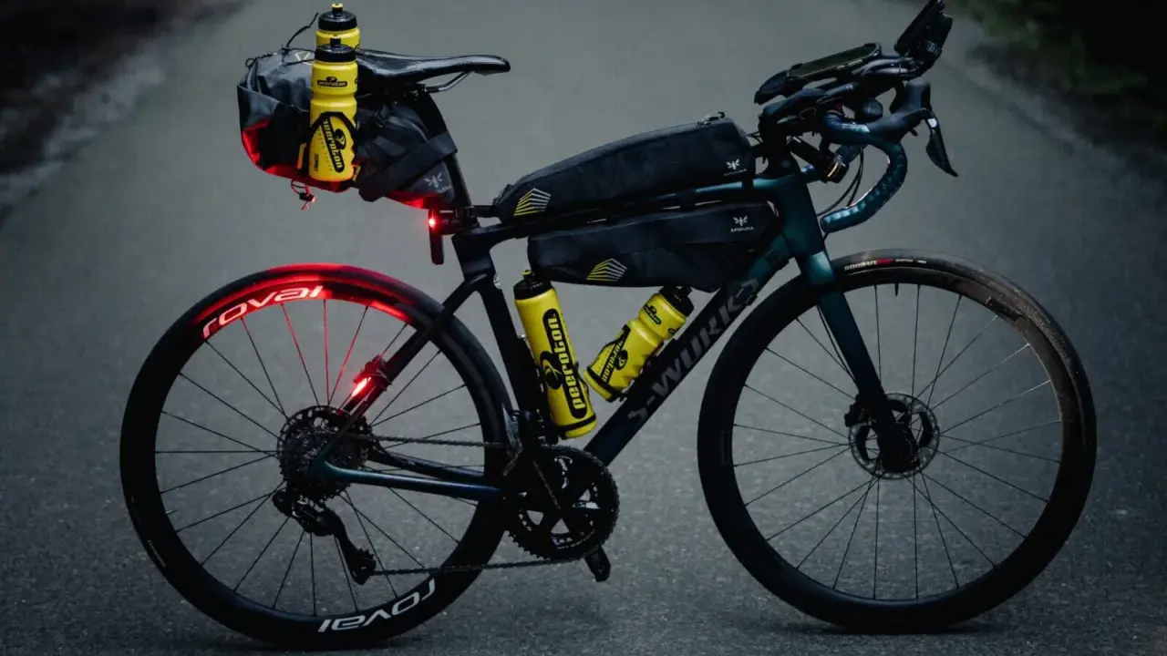 Bereit für ultra cycling: Rennrad mit Bikepacking-Taschen, Trinkflaschen und Lichtern auf asphaltierter Straße.