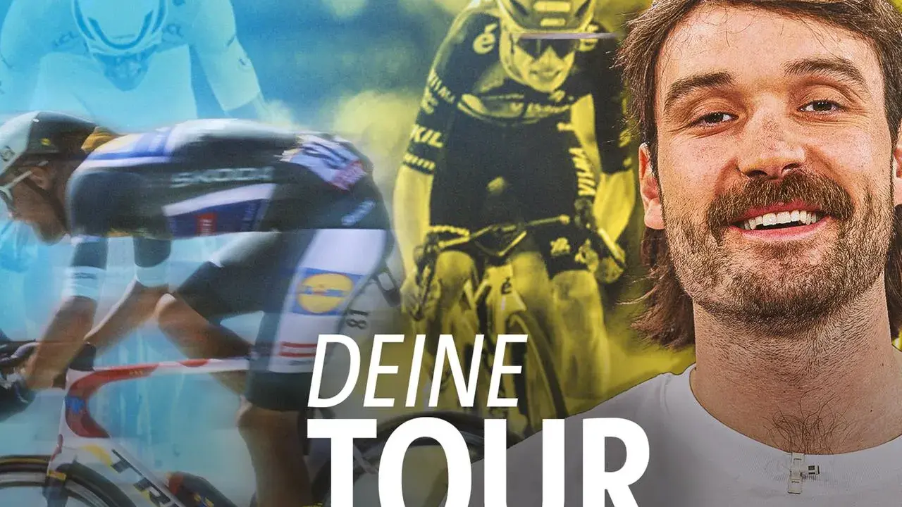 Ein Mann mit Schnurrbart lächelt, im Hintergrund Radfahrer bei einer Rennrad Mehrtagestour.