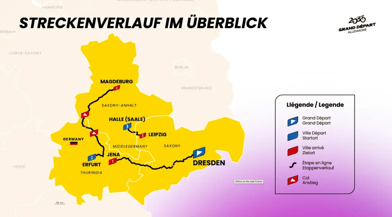 Streckenverlauf der Tour de France Deutschland: Von Magdeburg über Halle, Jena und Erfurt nach Dresden.