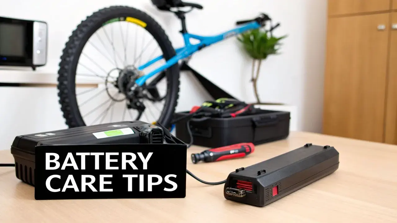 Zwei Akkus für E-Bikes liegen bereit. Die lithium ionen akku geschichte beginnt mit guter Pflege.