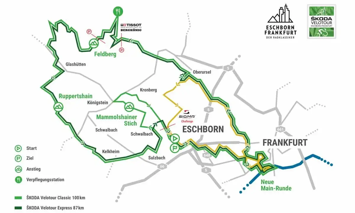 Streckenkarte des Radrennens Eschborn-Frankfurt mit verschiedenen Routen (100km, 87km, 40km) und Orten wie Feldberg, Kronberg und Frankfurt.