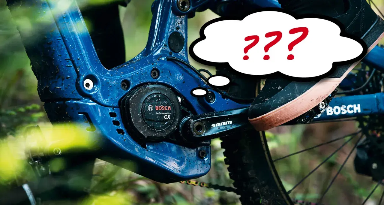 Fragezeichen über dem Bosch CX Gen 4 Motor am E-Bike. Wie kann man den Bosch CX Gen 4 leiser machen?