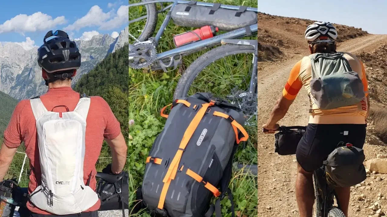Bikepacking mit Rucksack: Mann mit weißem Rucksack vor Bergpanorama, Fahrrad mit Gepäcktaschen im Gras, Radfahrer mit Rucksack auf staubiger Piste.