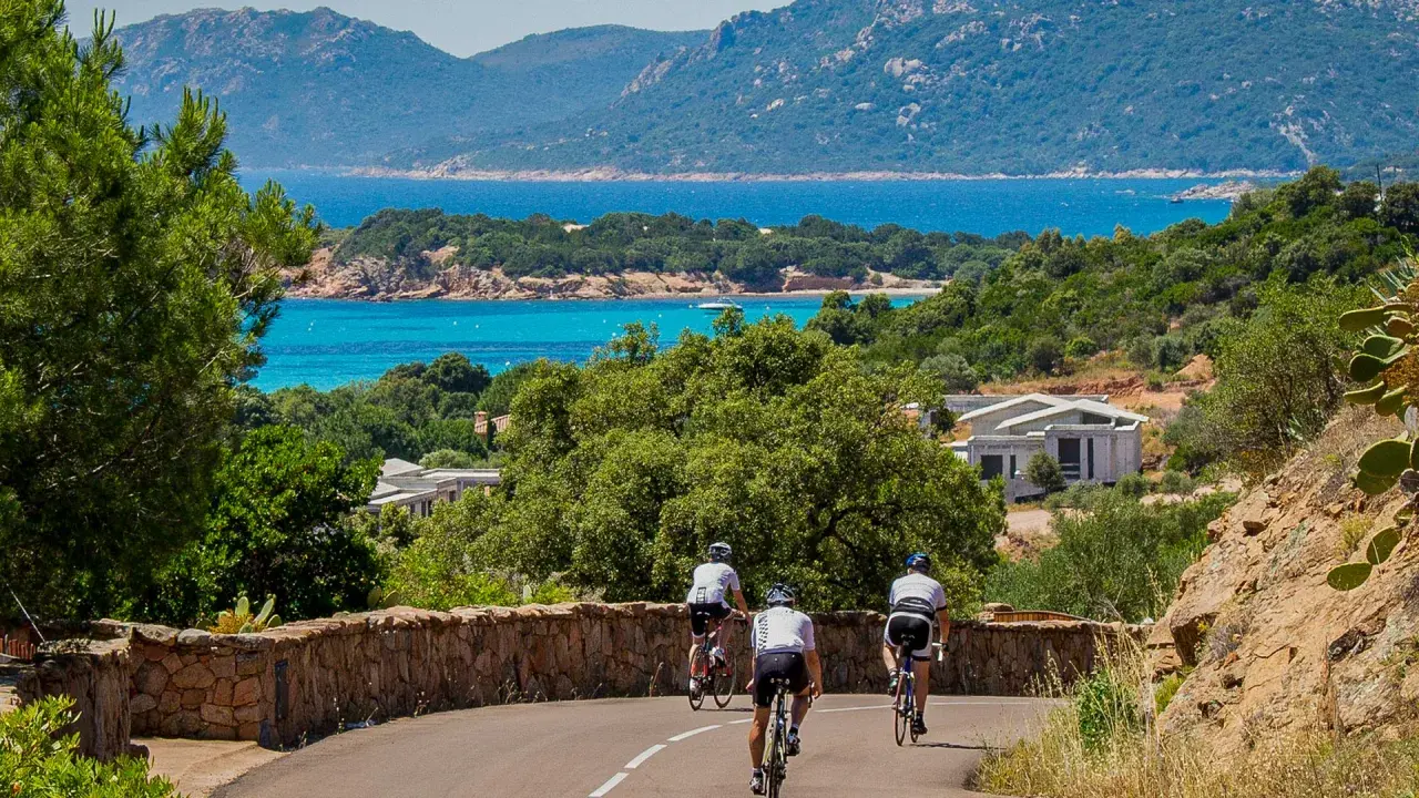 Drei Radfahrer genießen eine Tour mit dem **Korsika Rennrad** entlang der Küste mit türkisblauem Meer und Bergen im Hintergrund.