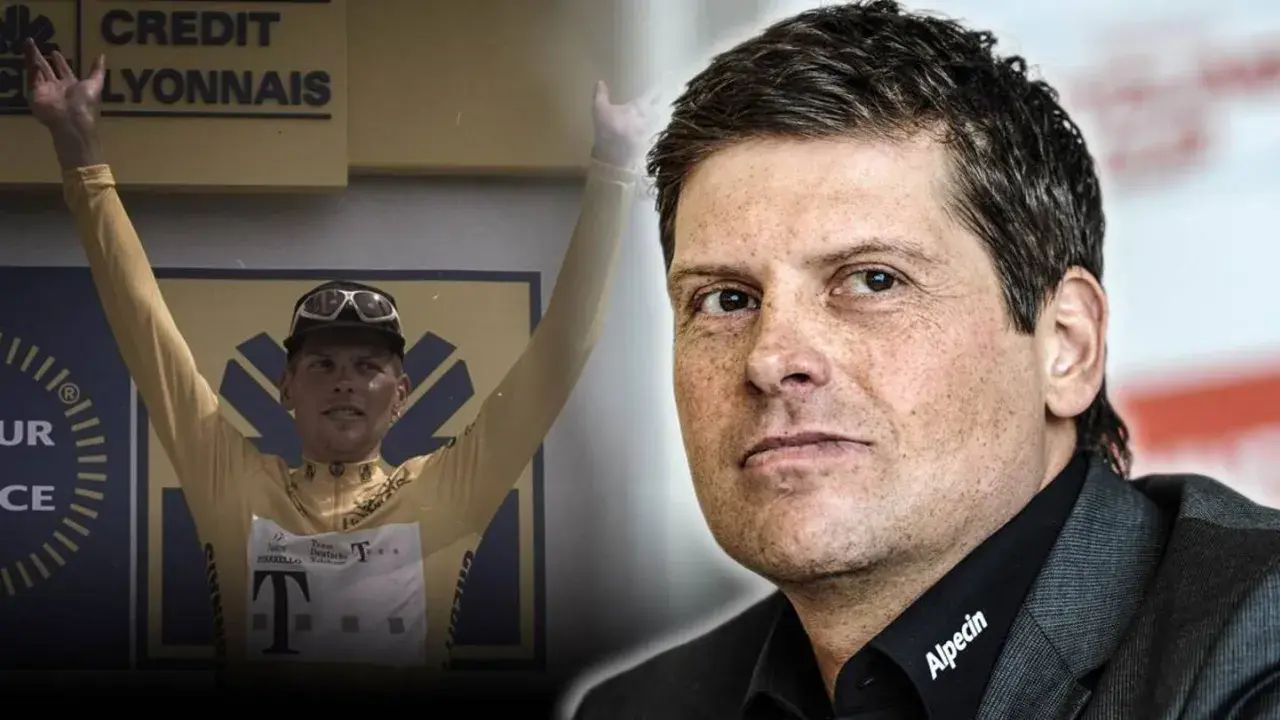 Jan Ullrich 1997 im Gelben Trikot, daneben das heutige Porträt des Radsportlers.