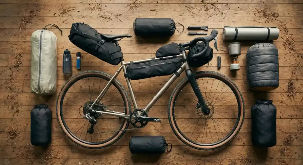 Ein Gravelbike mit Bikepacking-Taschen, Schlafsack, Isomatte und Kocher bereit für ein Abenteuer.