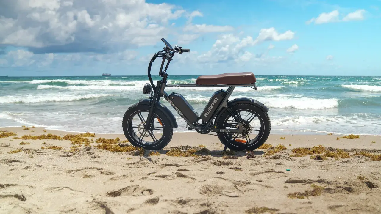 Schwarzes E-Bike am Strand. Die Frage "wieviel Watt sollte ein E-Bike haben?" beschäftigt viele. Dieses Modell ist bereit für Abenteuer.