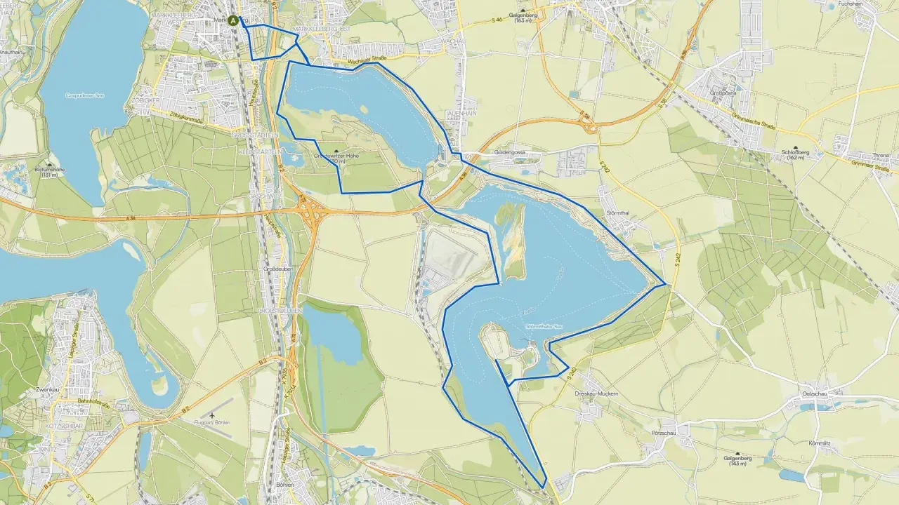 Karte zeigt eine Radtour um den Cospudener und den Stormthaler See bei Leipzig.