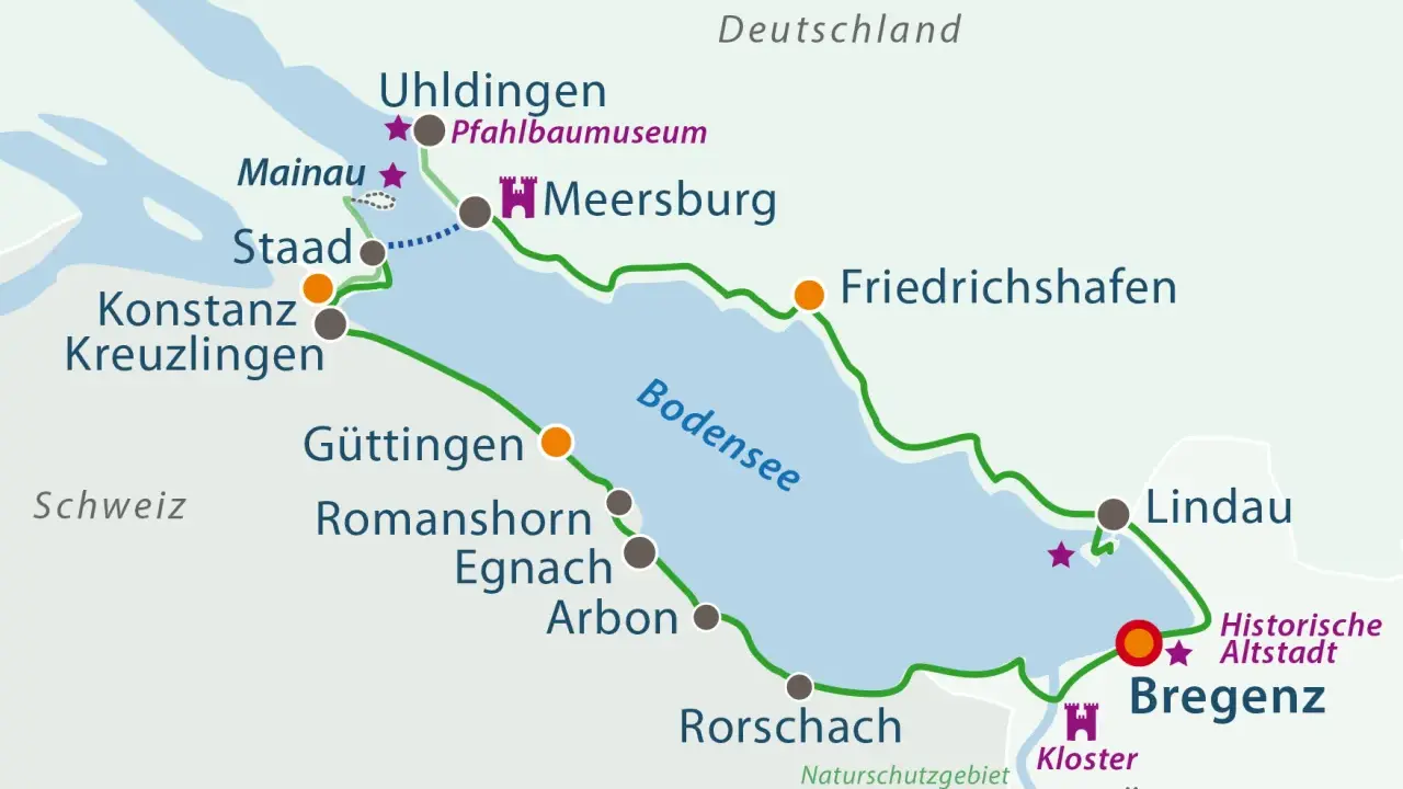 Karte des Bodensees mit Radfernwegen Deutschland. Routen verbinden Orte wie Konstanz, Lindau und Bregenz.