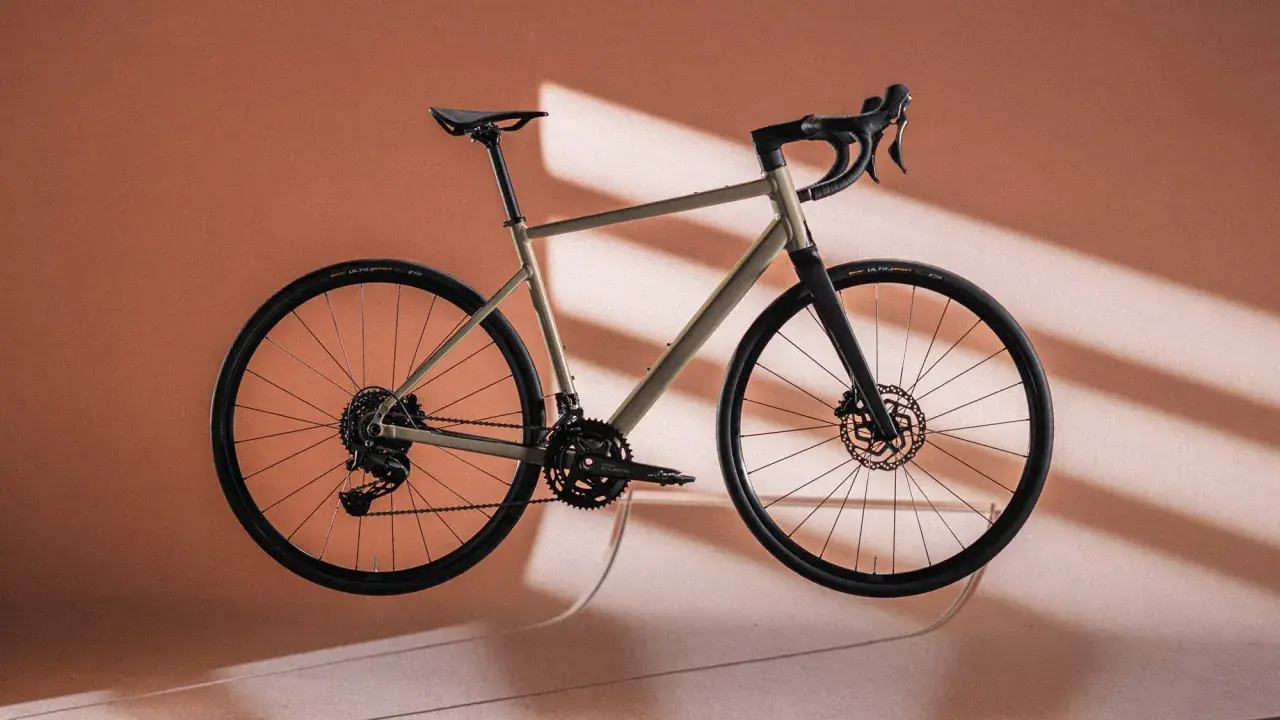 Ein Gravelbike in einem sanften Sandton, das wie ein Kunstwerk schwebt. Der Rahmen und die Reifen bilden einen harmonischen rose blend mit dem Hintergrund.
