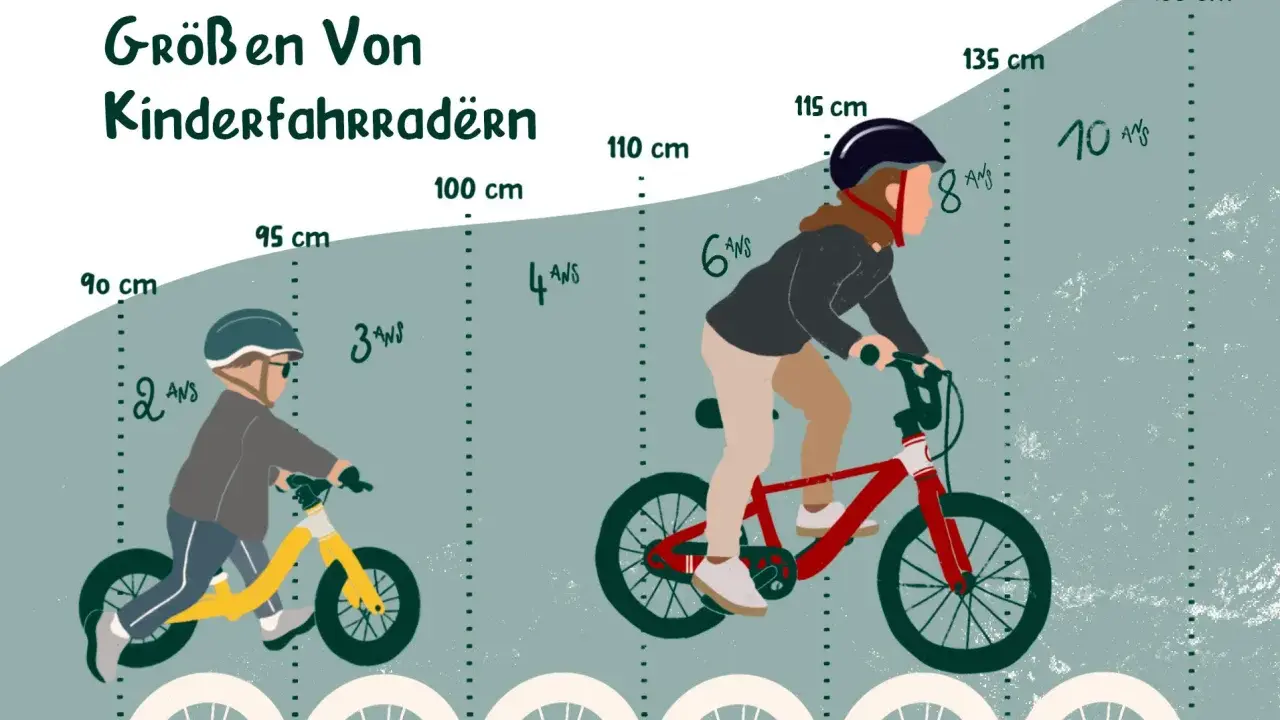 Illustration zeigt Kinderfahrräder in verschiedenen Größen, passend für unterschiedliche Alters- und Größenangaben, z.B. 2 Jahre, 6 Jahre, 8 Jahre.