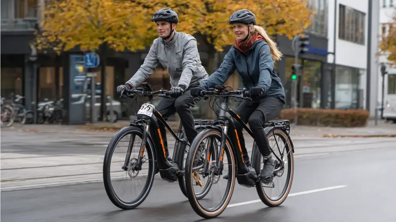 Ein Mann und eine Frau fahren mit ihren Pedelecs durch die Stadt. Was ist ein Pedelec? Ein Fahrrad mit elektrischer Unterstützung, das das Fahren erleichtert.