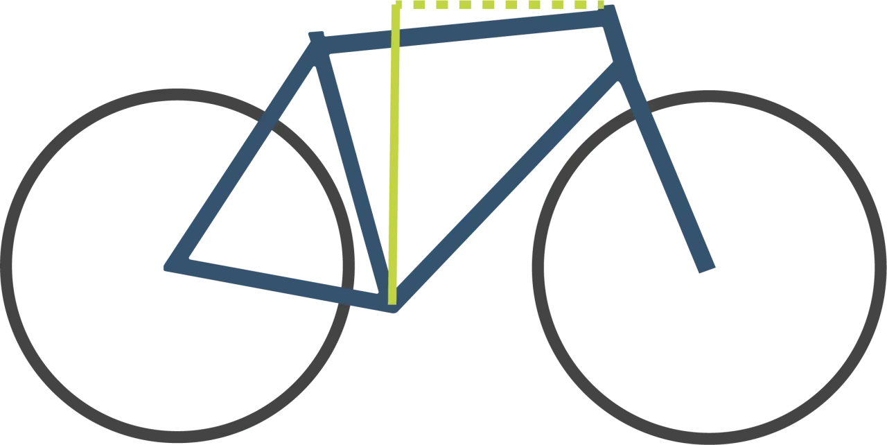 Schematische Darstellung eines Fahrradrahmens mit Markierungen für den bike geometrie vergleich.