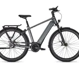 Graues Kalkhoff Image 5.b Advance+ E-Bike mit Gepäckträger und Riemenantrieb, bereit für den Test.