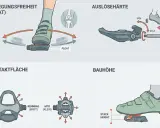 Illustrationen zeigen, wie man klickpedale einstellen kann: Bewegungsfreiheit (Float), Auslösehärte, Kontaktfläche und Bauhöhe.