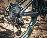 Nahaufnahme des farbenfrohen Zahnkranzes und der Kette eines Mountainbikes. Ein Mechaniker bereitet sich darauf vor, die Fahrradkette zu wechseln, um die Leistung zu optimieren.