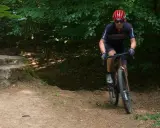 Radfahrer auf einem gravel dm-Pfad im Wald, mit einem Baumstumpf im Vordergrund.
