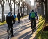 Genießen Sie eine entspannte **Rhein Fahrradtour** entlang des Ufers. Die Sonne wirft lange Schatten auf den Weg.