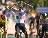 Radfahrer jubelt nach Etappensieg bei der Tour de France. So funktioniert die Tour de France: Ausdauer, Strategie und ein Hauch von Glück entscheiden.