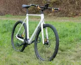 Ein weißes Rose Sneak Plus Fahrrad steht auf einer grünen Wiese. Goldene Akzente an den Bremsen und der Nabe.