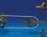 Shimano CUES Fahrradkomponenten: Schaltwerk, Kassette, Kurbelgarnitur und Schalthebel in Schwarz vor blauem Hintergrund.