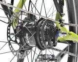 Nahaufnahme des Hinterrads eines Fahrrads mit einer Shimano Alfine 11 Nabenschaltung, Scheibenbremse und Kette.