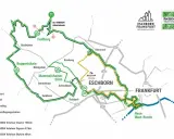 Streckenkarte des Radrennens Eschborn-Frankfurt mit verschiedenen Routen (100km, 87km, 40km) und Orten wie Feldberg, Kronberg und Frankfurt.