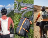 Bikepacking mit Rucksack: Mann mit weißem Rucksack vor Bergpanorama, Fahrrad mit Gepäcktaschen im Gras, Radfahrer mit Rucksack auf staubiger Piste.