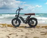 Schwarzes E-Bike am Strand. Die Frage "wieviel Watt sollte ein E-Bike haben?" beschäftigt viele. Dieses Modell ist bereit für Abenteuer.