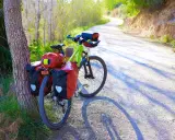 Ein grünes Trekkingrad mit roten Packtaschen steht am Wegesrand. Perfekt für Abenteuer, was ist ein Trekkingrad?