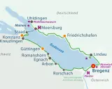 Karte des Bodensees mit Radfernwegen Deutschland. Routen verbinden Orte wie Konstanz, Lindau und Bregenz.