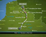 Karte der Paris-Roubaix Strecke von Compiègne nach Roubaix, 258,3 km. Zeigt wichtige Orte wie Trouée d'Arenberg.