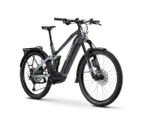 Haibike ADVENTR 11 ABS E-Bike mit Federung und Gepäckträger vor schwarzem Hintergrund.