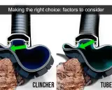 Vergleich von Clincher Reifen und Tubeless-Systemen, die beide auf einen Stein treffen. Der Clincher Reifen zeigt einen Schlauch, der Tubeless-Reifen ist ohne Schlauch.