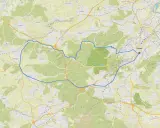 Karte mit markierter Route für eine Radtour rund um Stuttgart, vorbei an Orten wie Renningen, Leonberg und dem Flughafen.