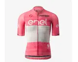 Das ikonische **maglia rosa** Radtrikot, bereit für den Giro d'Italia. Mit Sponsorenlogos wie Enel und La Gazzetta dello Sport.