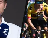 Ein Mann mit Mikrofon und Radfahrer im Gelben Trikot, darunter sepp kuss, im Rennen.