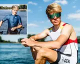 Jason Osborne, ein deutscher Triathlet, sitzt am Wasser. Ein kleineres Bild zeigt ihn mit seinem Rennrad.