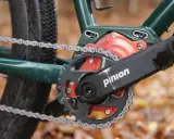 Nahaufnahme einer Fahrradkette und des roten Gehäuses der Pinion Schaltung.