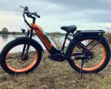 Orange-schwarzes E-Bike mit breiten Reifen am Seeufer. Gute Lankeleisi Erfahrungen sind garantiert mit diesem robusten Fatbike.