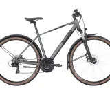 Graues Bulls Crossbike mit Schutzblechen und Federgabel. Ein vielseitiges Fahrrad für Straße und Gelände, das zeigt, was ein Crossbike kann.