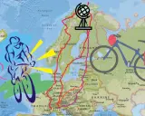 Radfahrer auf einer Europakarte, die eine Route von Island zum Nordkap 4000 und weiter nach Osten zeigt.