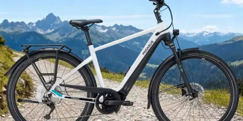 Ein weißes Pegasus E-Bike mit Gepäckträger steht auf einem Schotterweg vor einer Bergkulisse. Perfekt, um das E-Bike zu testen.