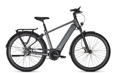 Graues Kalkhoff Image 5.b Advance+ E-Bike mit Gepäckträger und Riemenantrieb, bereit für den Test.