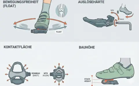 Illustrationen zeigen, wie man klickpedale einstellen kann: Bewegungsfreiheit (Float), Auslösehärte, Kontaktfläche und Bauhöhe.