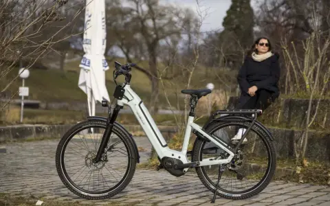 Eine Frau sitzt neben einem hellgrauen Velo de Ville, das auf einem gepflasterten Weg steht. Gute Velo de Ville Erfahrungen sind garantiert.