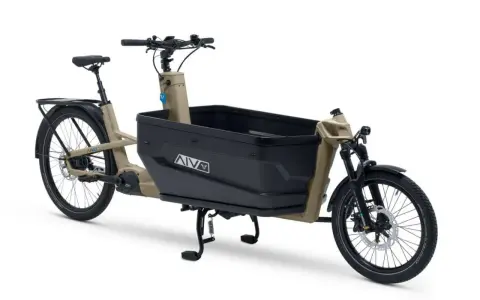 Ein beiges Lastenrad mit schwarzer Ladebox, bereit für den Lastenrad Test.