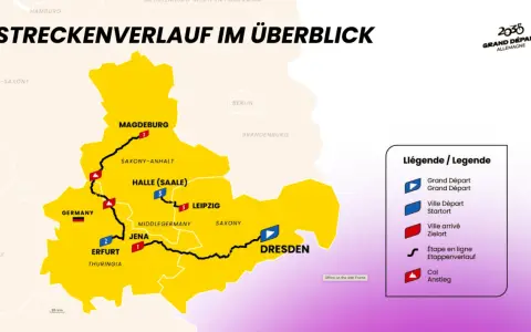 Streckenverlauf der Tour de France Deutschland: Von Magdeburg über Halle, Jena und Erfurt nach Dresden.